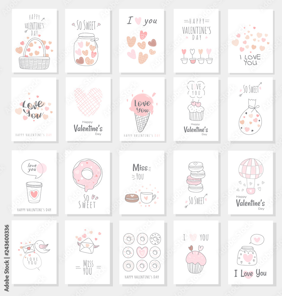 Valentine's Day card set with hand drawn style Valentine's Day card set with hand drawn style