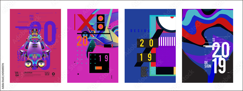 Fototapeta premium 2019 New Poster Design Template. Trendy Vector Typography and Colorful Illustration Collage for Cover and Page Layout Design Template in eps10