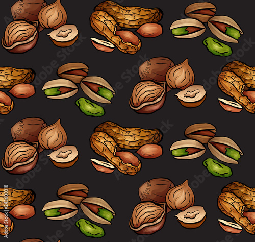 Seamless pattern with colored cartoon nuts on dark background. Peanuts, hazelnut, pistachios. Vector texture for wallpaper, fabrics, menus and your design.