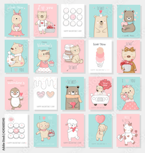 Valentine's Day background with cute baby animal cartoon hand drawn style