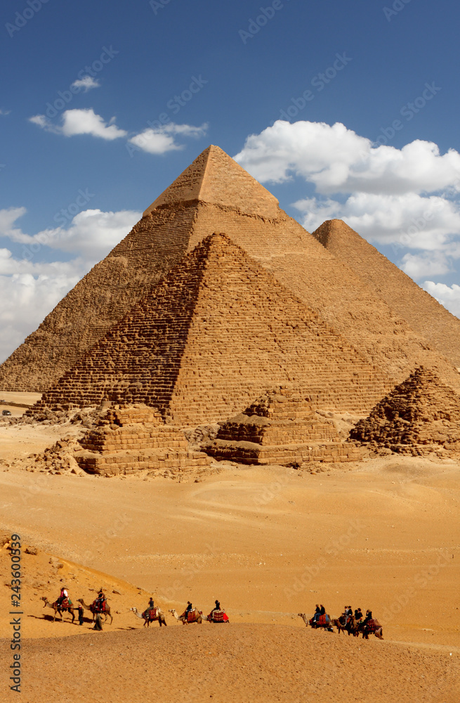 pyramids giza cairo in egypt with camel caravane panoramic scenic view - obrazy, fototapety, plakaty 