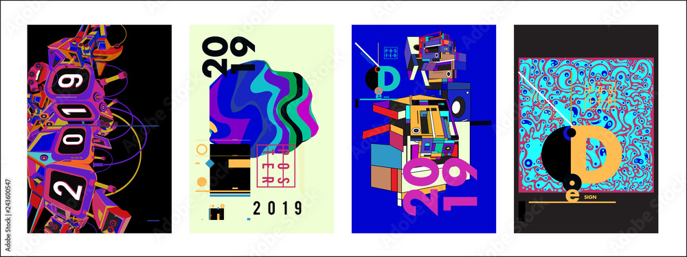 2019 New Poster Design Template. Trendy Vector Typography and Colorful Illustration Collage for Cover and Page Layout Design Template in eps10 2019 New Poster Design Template. Trendy Vector Typography and Colorful Illustration Collage for Cover and Page Layout Design Template in eps10