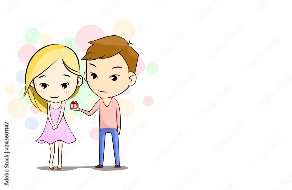 a man give gifts for him lover cute cartoon character flat design a man give gifts for him lover cute cartoon character flat design
