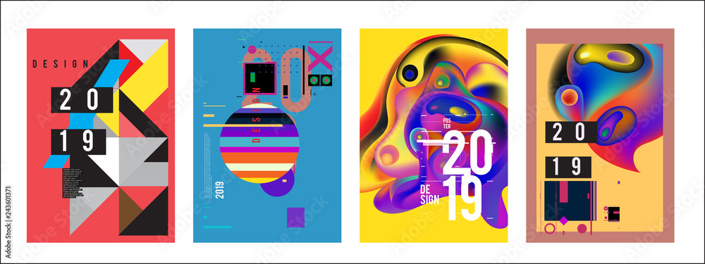 2019 New Poster Design Template. Trendy Vector Typography and Colorful Illustration Collage for Cover and Page Layout Design Template in eps10 2019 New Poster Design Template. Trendy Vector Typography and Colorful Illustration Collage for Cover and Page Layout Design Template in eps10