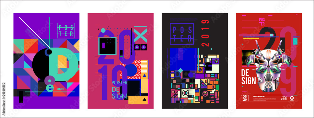Fototapeta premium 2019 New Poster Design Template. Trendy Vector Typography and Colorful Illustration Collage for Cover and Page Layout Design Template in eps10