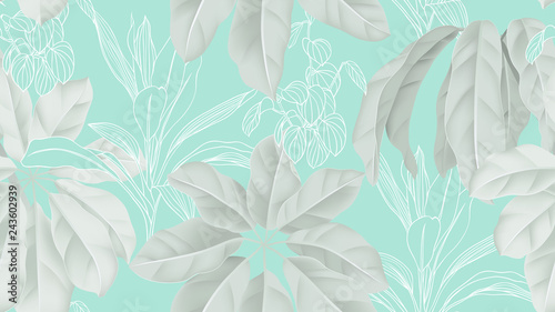 Tropical seamless pattern, green Schefflera arboricola or umbrella tree on blue background, vintage style