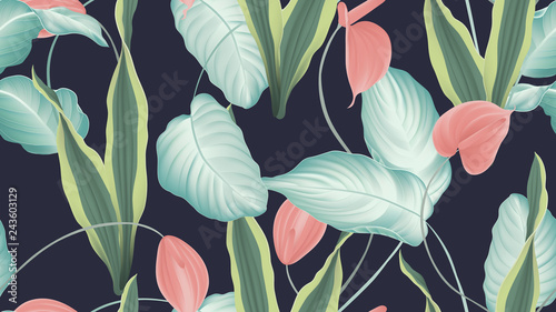 Tropical seamless pattern, red Anthurium flowers, dumbcane, snake plant on dark blue background, pastel vintage style