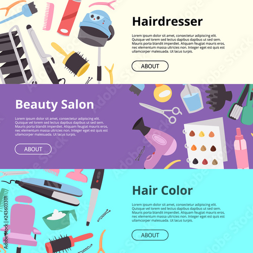 Hairdressing equipment setof banners vector illustration. Hairdresser, beauty salon, hair color. Hair style salon texture with scissors, combs, straightening iron, hair dryer symbols.