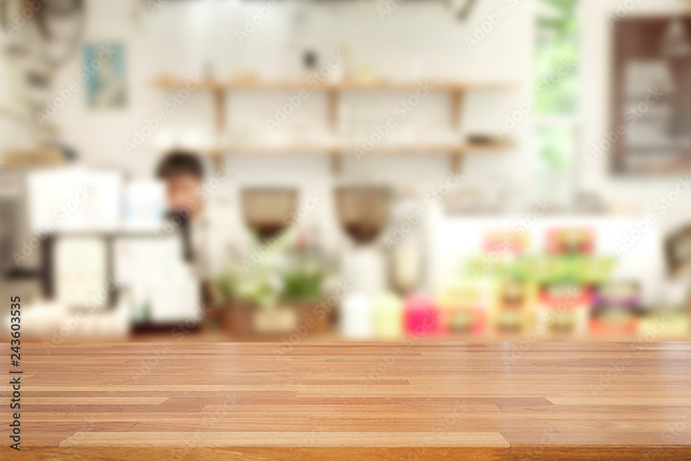 Empty wooden and table on abstract blurred background of coffee shop with shelf and window, product display, Ready for product montage Empty wooden and table on abstract blurred background of coffee shop with shelf and window, product display, Ready for product montage