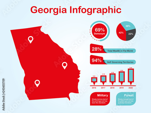 Georgia State (USA) Map with Set of Infographic Elements in Red Color in Light Background. Modern Information Graphics Element for your design.