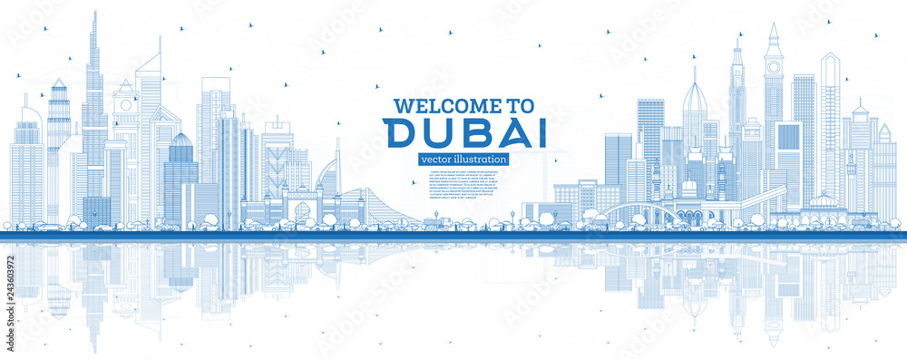 Naklejka premium Zarys Witamy w Dubaju w Zjednoczonych Emiratach Arabskich z niebieskimi budynkami i odbiciami.