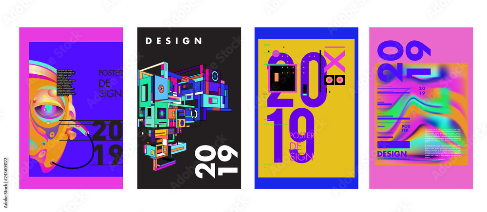 2019 New Poster Design Template. Trendy Vector Typography and Colorful Illustration Collage for Cover and Page Layout Design Template in eps10 2019 New Poster Design Template. Trendy Vector Typography and Colorful Illustration Collage for Cover and Page Layout Design Template in eps10