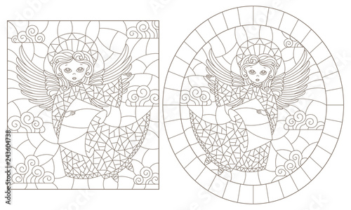 Set of contour illustrations of stained glass with angels, oval and rectangular image, dark contours on a white background