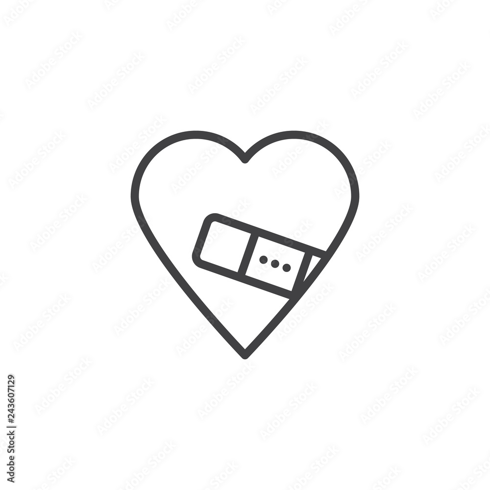 Injured Love line icon. linear style sign for mobile concept and web design. Heart fixed with plaster outline vector icon. Love and valentine day symbol, logo illustration. Pixel perfect vector 