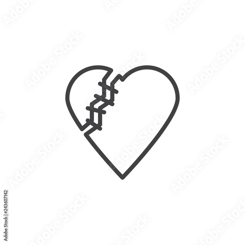 Healed broken heart line icon. linear style sign for mobile concept and web design. Heart with threaded stitches outline vector icon. Symbol, logo illustration. Pixel perfect vector graphics