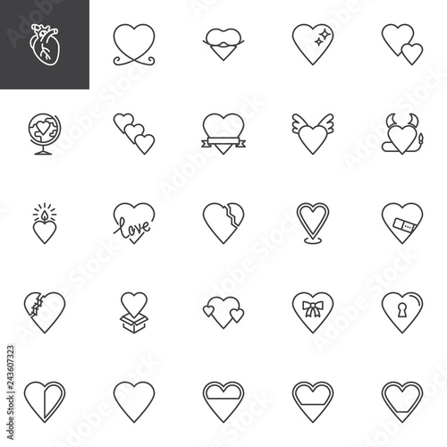 Abstract hearts love line icons set. linear style symbols collection, outline signs pack. vector graphics. Set includes icons as Broken heart, Gift box, Valentine's Day present, Love location pin