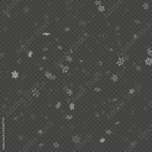 Transparent glitter Christmas eve snowfall effect for Christmas and New Year Design with snowflakes. Falling shining snow in different shapes and forms falling background. Eps 10