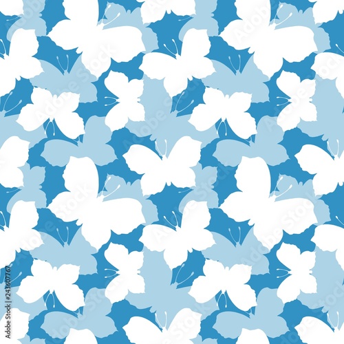 Seamless blue pattern with butterflies. Artistic background