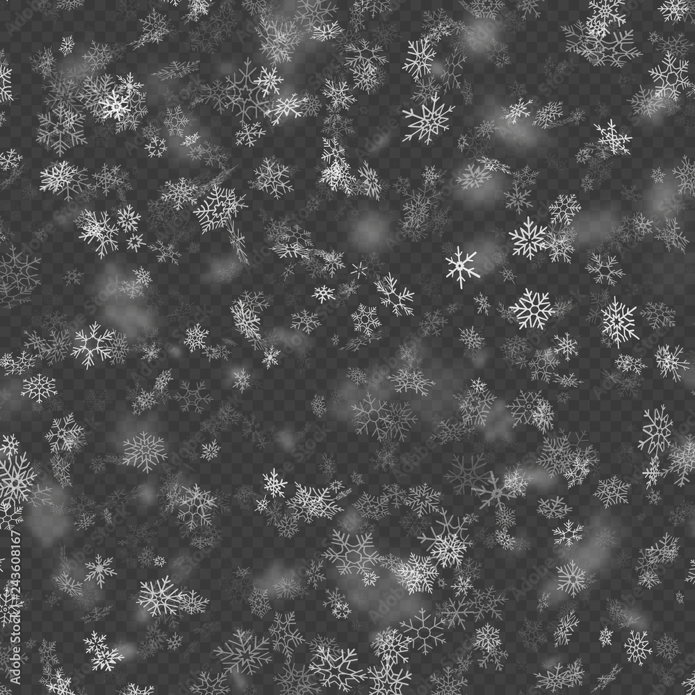 Realistic falling Christmas decoration snowflakes effect isolated on transparent background. Falling snow pattern. Magic white snowfall. EPS 10 Realistic falling Christmas decoration snowflakes effect isolated on transparent background. Falling snow pattern. Magic white snowfall. EPS 10