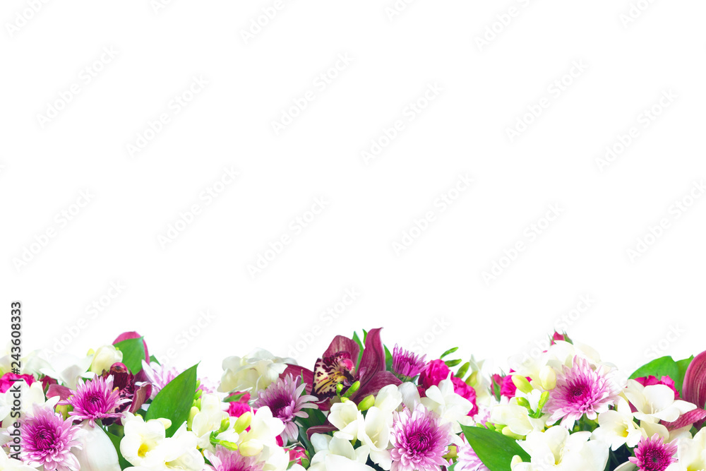 Background with a bouquet of flowers. Place to insert text. For bloggers, congratulations, cards, banners, Intstagram. Flowers freesia, roses, orchids. Floral spring background