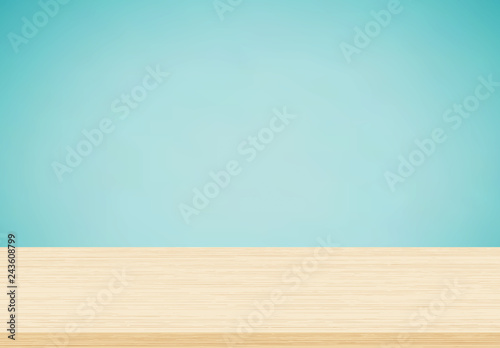 mpty wooden table top on blue background, Template mock up for display of product