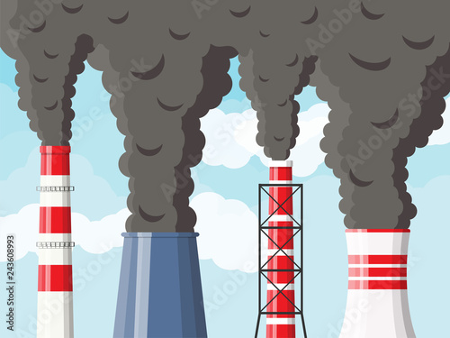 Smoking factory pipes against clear sky with cloud