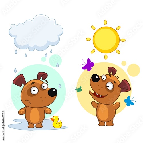 Icon set of dogs boys for children and design, a dog in a bad mood stands in a puddle under a cloud and rain with a duck, in a good mood walks in the sun with butterflies.