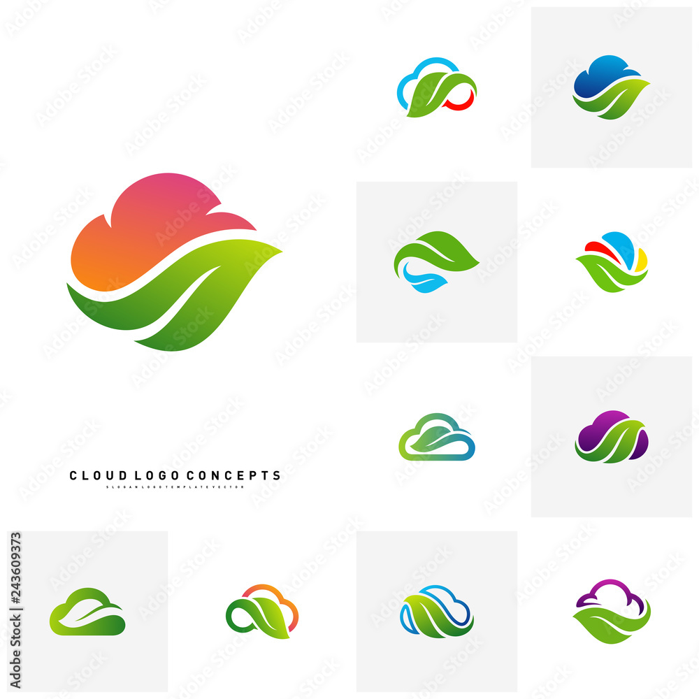 Set of Nature Cloud Logo Design Concept Vector. Cloud with Leaf Logo Template Vector