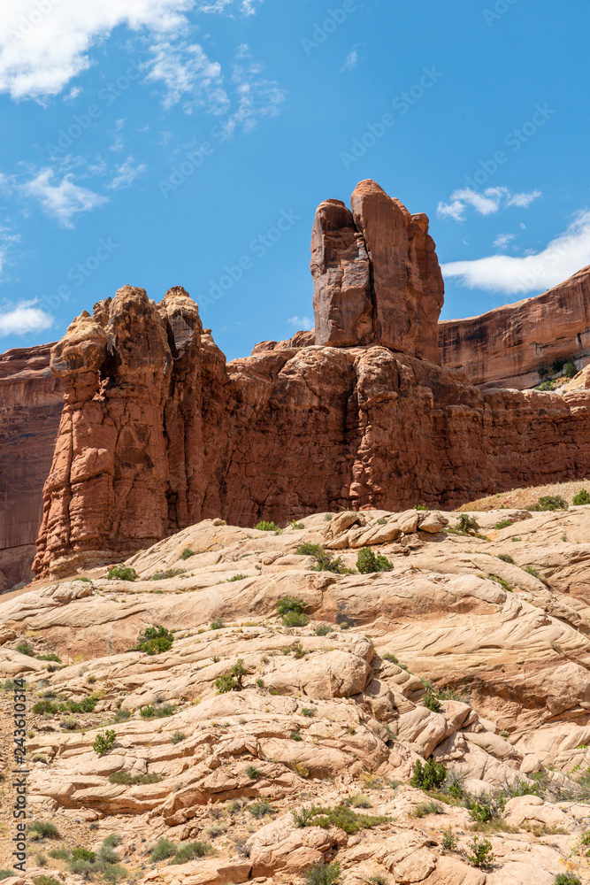 Sandstone formations at the entrance of Arches National Park, Utah