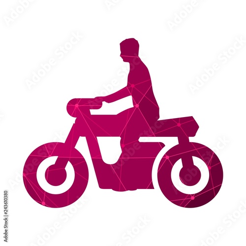 Motorcycle rider icon for design and creativity. Molecule and communication background. Connected lines with dots.