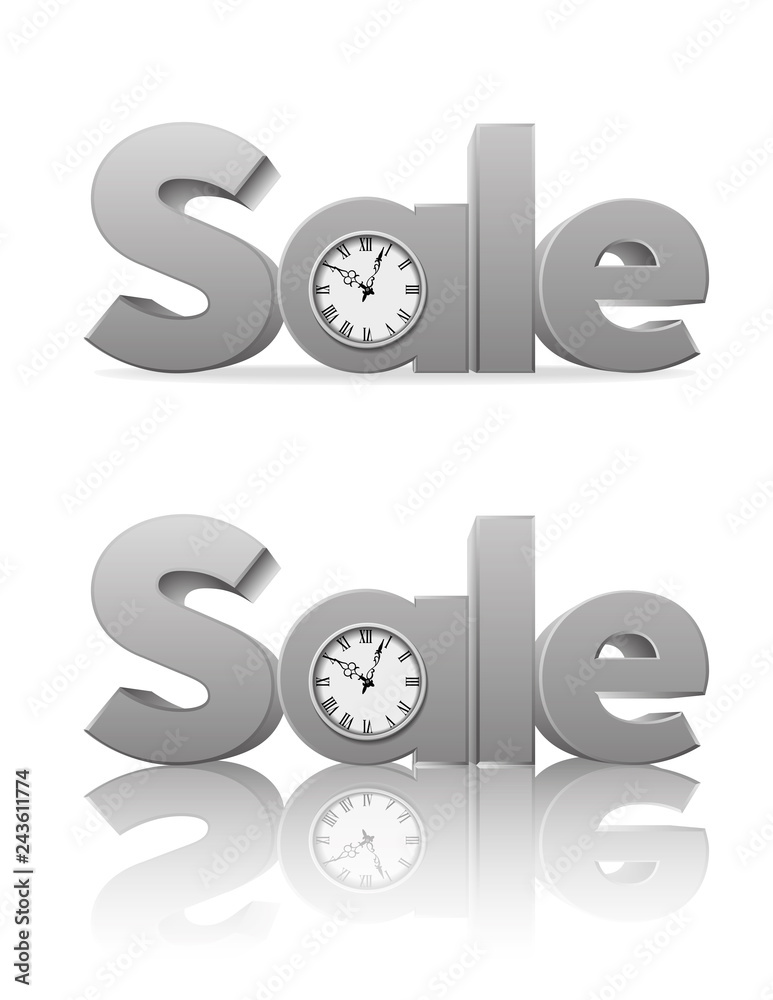 Sale Limited Time.
3d letters, Sale, platinum on white background. The watch is integral in word. Vector illustration for design posters, banners, flyers. 3D rendering.
