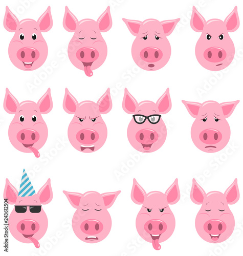 Heads of Cool Funny Pig Emoticon Characters, Funny, Cool, Angry, Sad. Collection Avatars