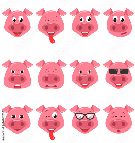 Heads of Cool Funny Pig Emoticon Characters, Happy, Cool, Angry, Tired Emotions. Set Avatars