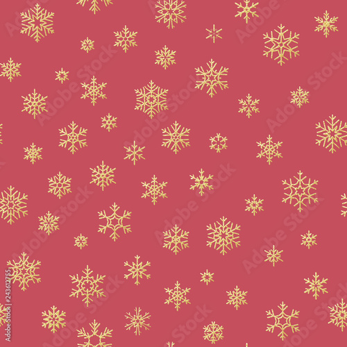 Gold snowflakes seamless pattern on a red background. EPS 10