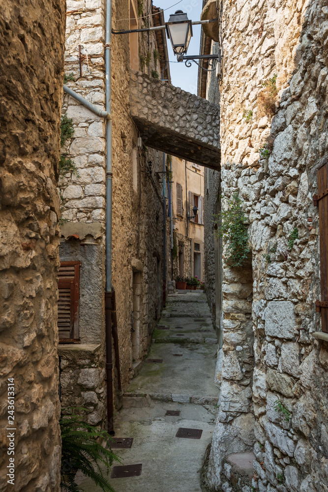 Peillon France July 7th 2015 : The stunning narrow cobblestone streets of the beautiful hilltop village of Peillon in the Alpes-Maritime department of southeastern France