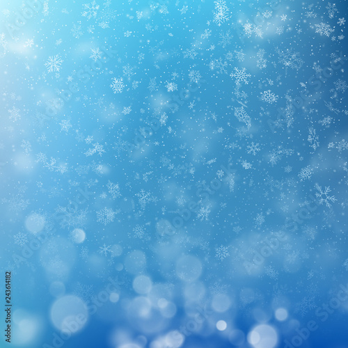 Lights on blue background with Christmas snowflakes bokeh effect. EPS 10