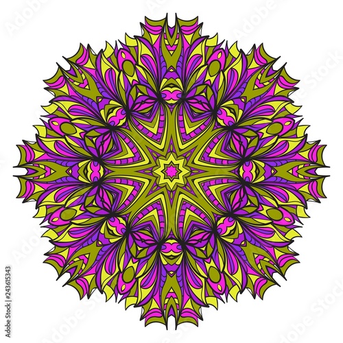 Vintage Invitation Card With Mandala Pattern. Decorative Elements. Vector Illustration. Anti-Stress Therapy Pattern. Purple, yellow color