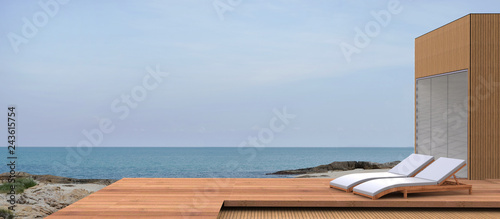 Beach lounges, sea and beautiful skies of summer vacation / sunny Sandy Ocean beach / Simple and modern © guguart