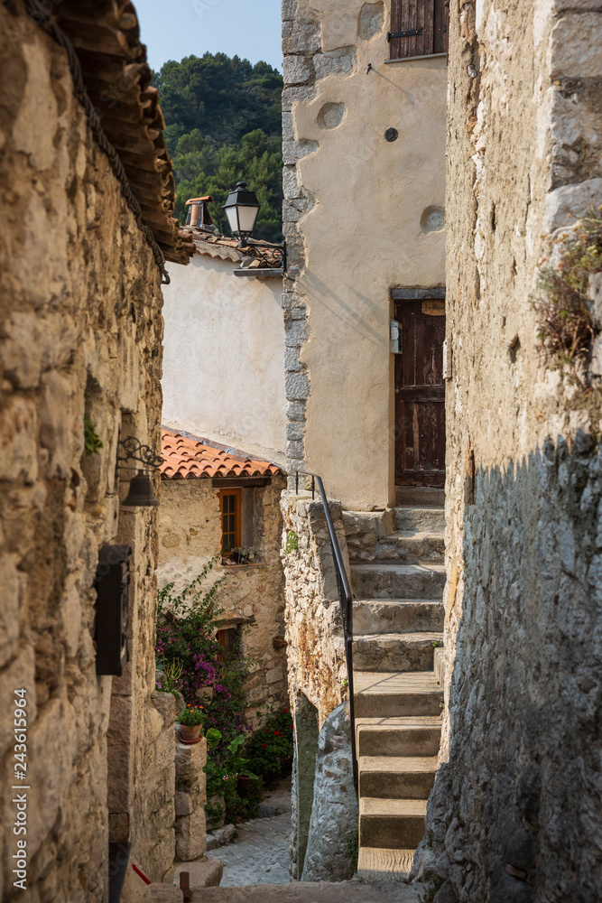 Peillon France July 7th 2015 : The stunning narrow cobblestone streets of the beautiful hilltop village of Peillon in the Alpes-Maritime department of southeastern France