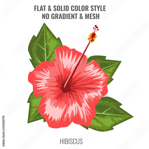 Red Hibiscus blooming flower with watercolor or hand drawn style. Flat and solid color design. Vector illustration.