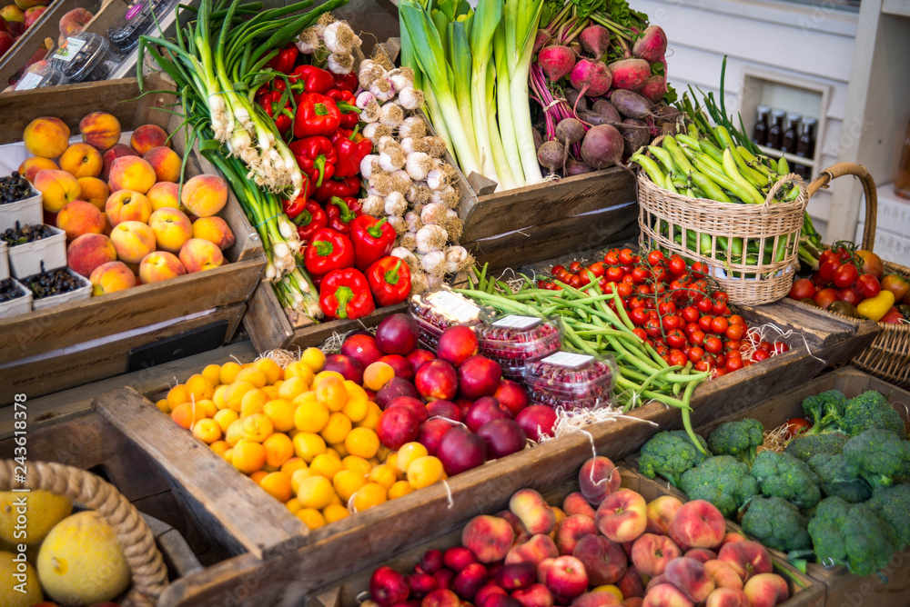 Colourful farmers market vegetable and fruit arrangement for sale