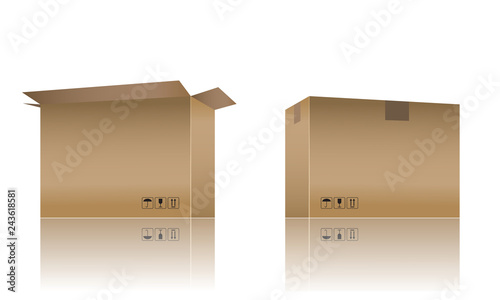 Cardboard box mockup with realistic color design. 3d Vector illustration.