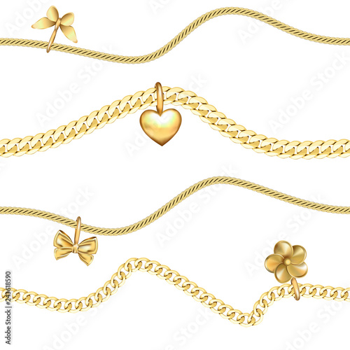 Vector Golden Chains Horizon Seamless Pattern on White.