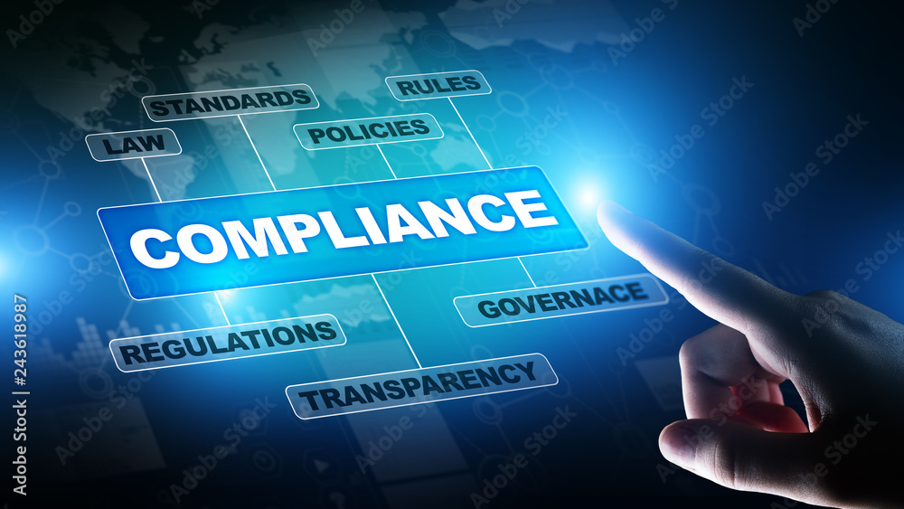 Compliance concept with icons and text. Regulations, law, standards, requirements, audit diagram on virtual screen. Compliance concept with icons and text. Regulations, law, standards, requirements, audit diagram on virtual screen.