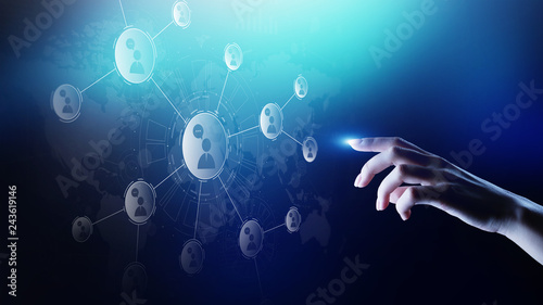 People relations network on virtual screen. Customer communication and social media concept.
