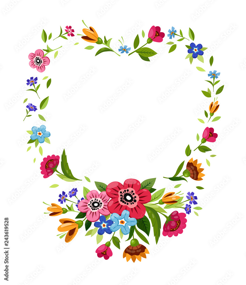 Flower frame in heart shape.Vector floral frame.Illustration with flower wreath with flowers. Symbol of romantic,passion
