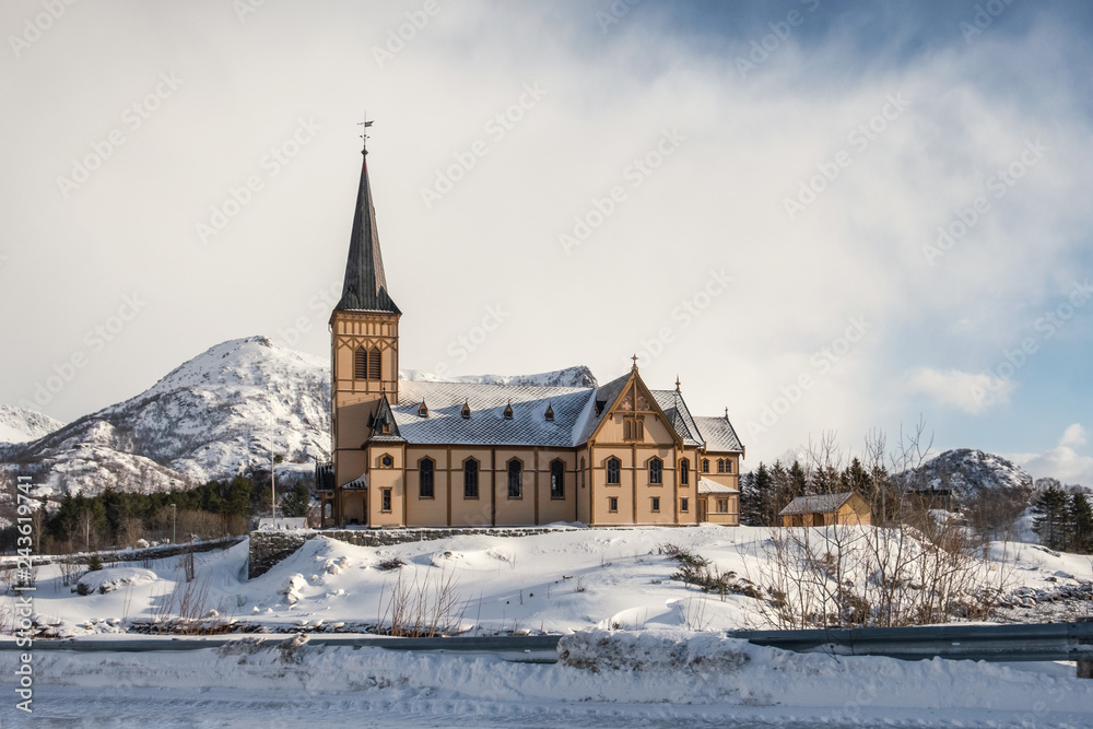 Architecture Vagan church in winter at Kabelvag
