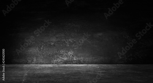 Empty black studio room. Dark background. Abstract dark empty studio room texture. Product showcase spotlight background. Dark Studio Gallery