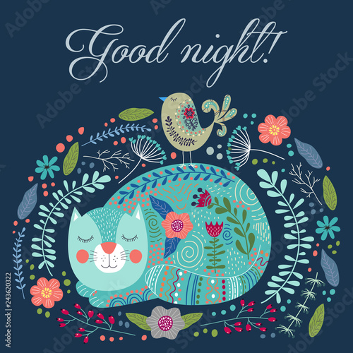 Fototapeta Naklejka Na Ścianę i Meble -  Good night. Art vector colorful illustration with cute cat, bird and flowers. Artwork for decoration your interior and for use in your design