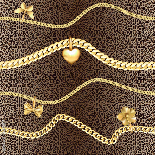 Golden Chains Seamless Pattern on Leopard Background.